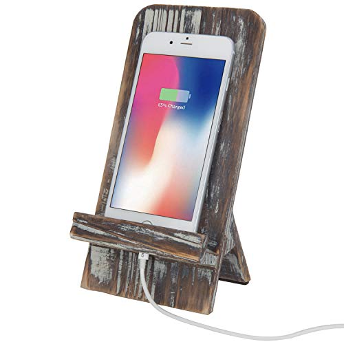 MyGift Torched Wood Cell Phone Stand - Universal Smartphone Dock Charging Stand, Desktop Cradle Fits 4 to 8-Inch Phones