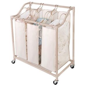 smart design deluxe rolling triple compartment laundry sorter hampers with wheels - holds 6 loads - sturdy steel metal frame - clothes and laundry - home organization - 30 x 32 inch - beige