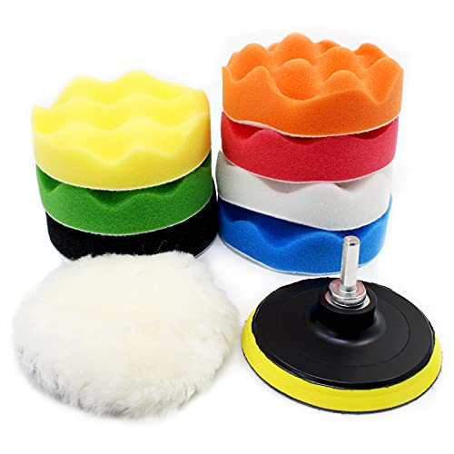 OCR 10Pcs 4 inch Car Polishing Pad Kit, Sponge and Wool Polishing Pad Set with M10 Drill Adapter, Car Buffer Polisher Kit Drill Buffing Kit for Car Polishing,Waxing,Sealing Glaze