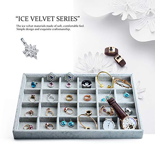 Oirlv 24 Grid Ice Velvet Jewelry Drawer Organizer Tray Stackable Jewelry Trays Removable Dividers for Rings Earring Storage Display