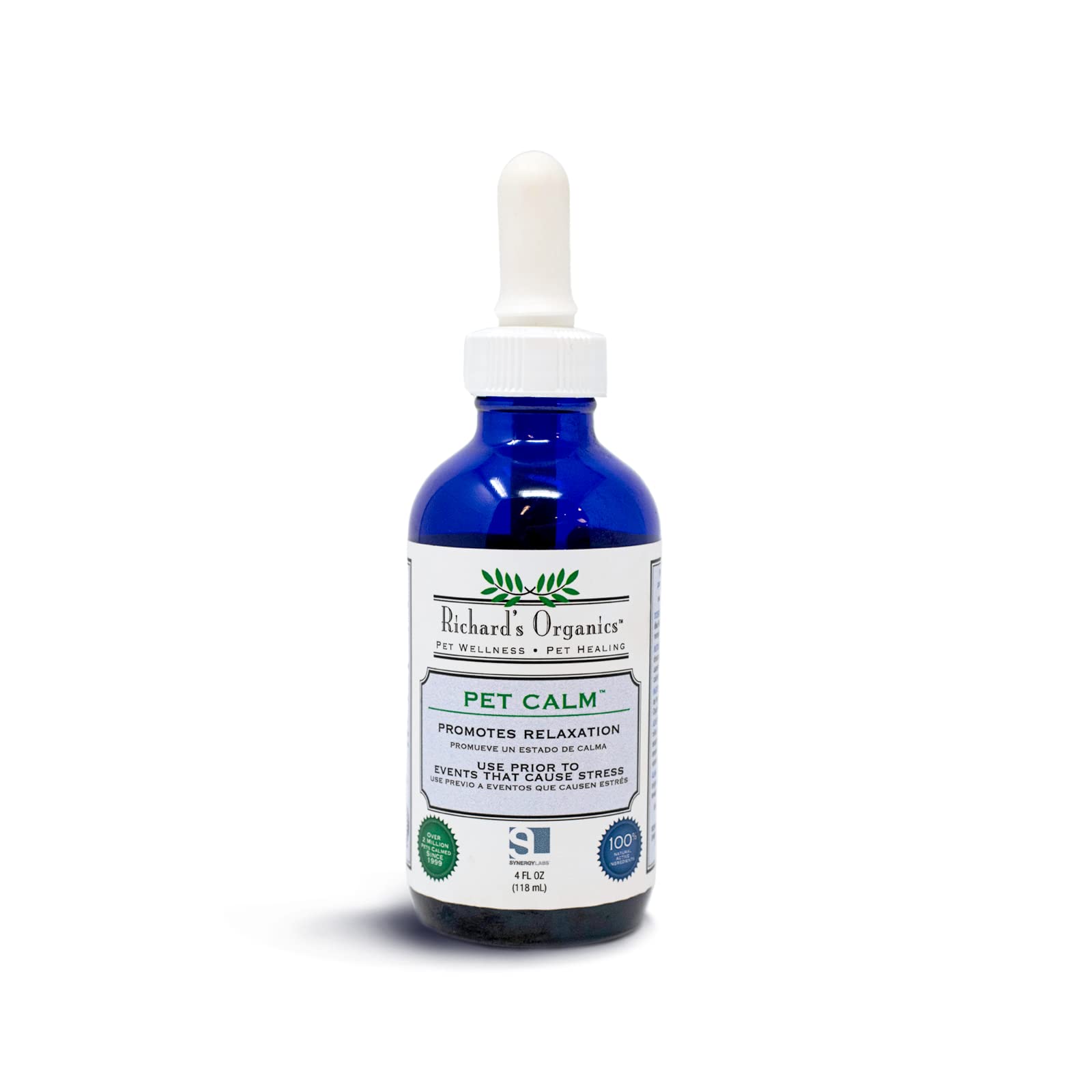 Richard’s Organics Pet Calm, 4 oz. Bottle – Natural Cat and Dog Anxiety Relief – 100% Natural Pet Stress Relief – Drug-Free Calming Drops, Settles Nerves and Reduces Hyperactivity