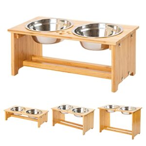 foreyy raised pet bowls for small and medium dogs, bamboo elevated dog cat food and water bowls stand feeder with 2 stainless steel bowls and anti slip feet (new 7'' tall)