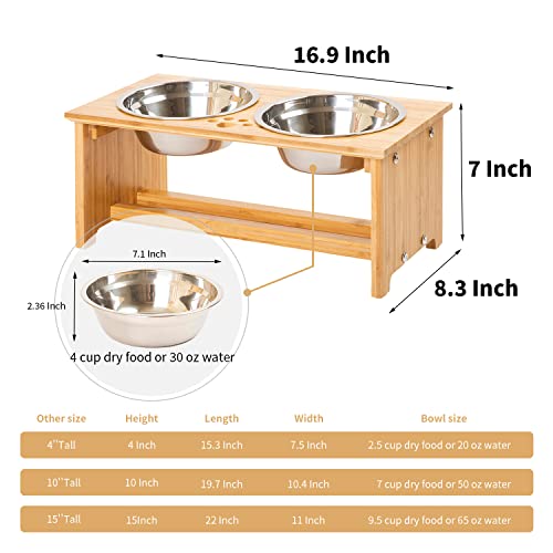 FOREYY Raised Pet Bowls for Small and Medium Dogs, Bamboo Elevated Dog Cat Food and Water Bowls Stand Feeder with 2 Stainless Steel Bowls and Anti Slip Feet (New 7'' Tall)