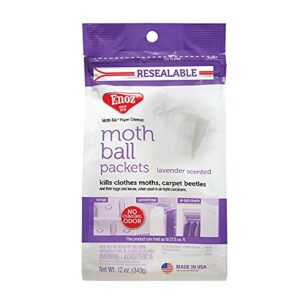 enoz lavender scented moth ball packets, kills clothes moths, carpet beetles, eggs and larvae, 12 oz resealable bag
