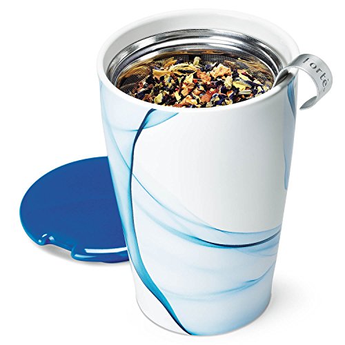 Tea Forte Kati Cup Bleu, Ceramic Tea Infuser Cup with Infuser Basket and Lid for Steeping Loose Leaf Tea