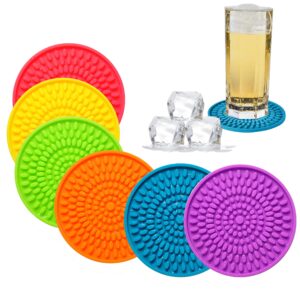 colorful coasters for drinks absorbent, rubber drink coaster set, silicone rainbow coasters for kids coffee table desk, 4.3 inch oval shape deep tray pot holder trivet (set of 6)