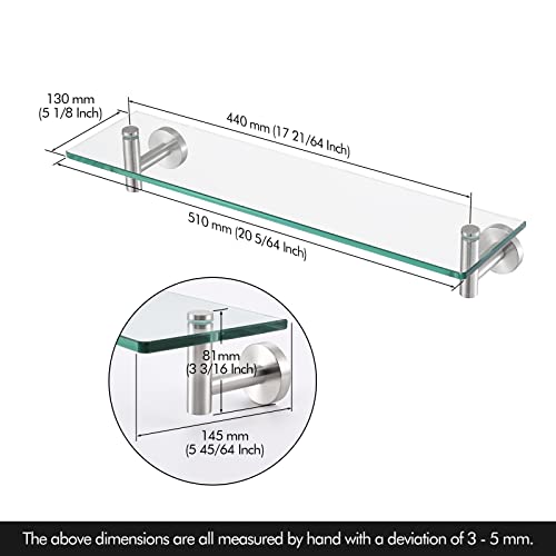 KES Glass Shelf Bathroom Rectangular Shelf 20-Inch with 8 MM-Thick Tempered Glass Rustproof Metal Bracket Wall Mount Brushed Finish, A2021-2