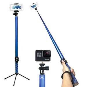 bluetooth long selfie stick- super length lightweight extendable pole from 20'' to 118'' built-in wireless remote shutter grip holder mount compatible iphone samsung android cell phone(blue)