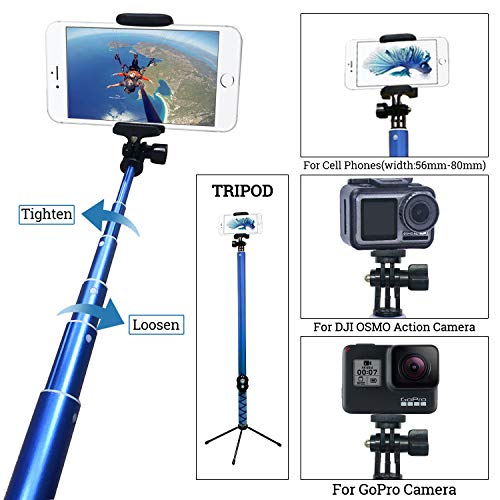 Bluetooth Long Selfie Stick- Super Length Lightweight Extendable Pole from 20'' to 118'' Built-in Wireless Remote Shutter Grip Holder Mount Compatible iPhone Samsung Android Cell Phone(Blue)