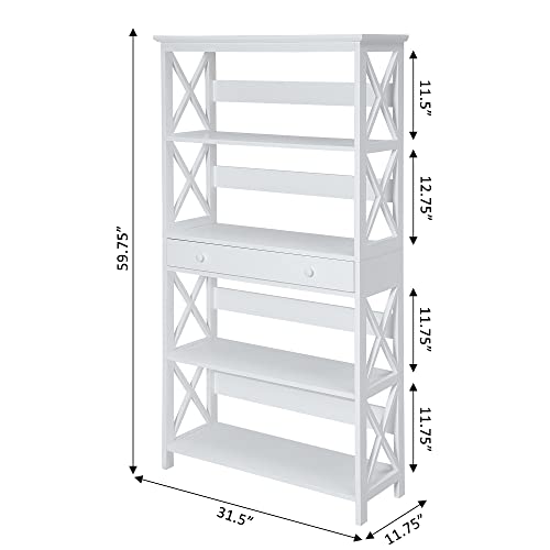 Convenience Concepts Oxford 5 Tier Bookcase with Drawer, White,11.75"D x 31.5"W x 59.75"H