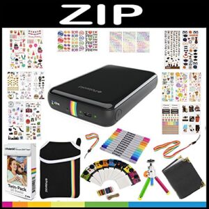 polaroid zip mobile printer gift bundle + zink paper (20 sheets) + 9 unique colorful sticker sets + pouch + twin tip markers + hanging frames + photo album + accessories