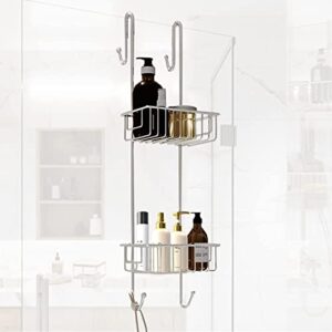 bamodi shower caddy hanging - 2 tier over door chrome plated - no drilling required - fits shower screens up to 0.78 inches - hangable shower rack with 2 towel hooks (27.5 x 7.5 x 7.3 inches)