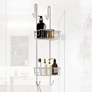 Bamodi Shower Caddy Hanging - 2 Tier Over Door Chrome Plated - No Drilling Required - Fits Shower Screens up to 0.78 inches - Hangable Shower Rack with 2 Towel Hooks (27.5 x 7.5 x 7.3 INCHES)