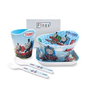 Finex Thomas the Train 5 Pcs Set Children Cartoon Durable Tableware Meal Dishes Mealtime Food Feeding Eating Set includes Dinner Serving Bowl Plate Cup with a Matching Spoon and Fork for Kids