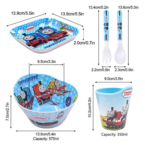 Finex Thomas the Train 5 Pcs Set Children Cartoon Durable Tableware Meal Dishes Mealtime Food Feeding Eating Set includes Dinner Serving Bowl Plate Cup with a Matching Spoon and Fork for Kids