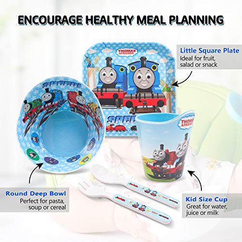 Finex Thomas the Train 5 Pcs Set Children Cartoon Durable Tableware Meal Dishes Mealtime Food Feeding Eating Set includes Dinner Serving Bowl Plate Cup with a Matching Spoon and Fork for Kids