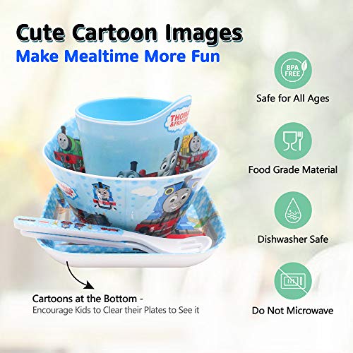 Finex Thomas the Train 5 Pcs Set Children Cartoon Durable Tableware Meal Dishes Mealtime Food Feeding Eating Set includes Dinner Serving Bowl Plate Cup with a Matching Spoon and Fork for Kids