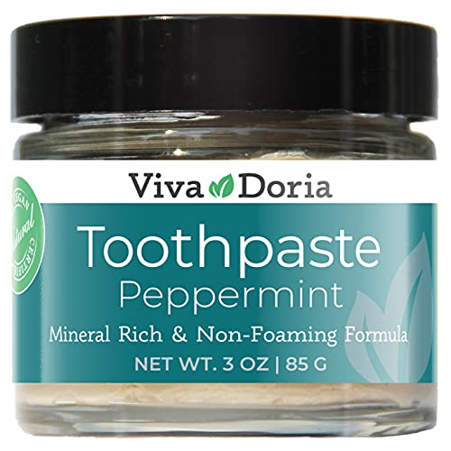 Viva Doria Fluoride Free Natural Toothpaste - Peppermint (3 oz Glass jar) Refreshes Mouth, Freshens Breath, Keeps Teeth and Gum Healthy