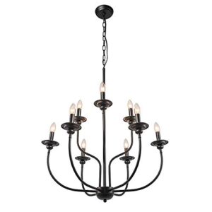 LALUZ Black Chandelier, Farmhouse Light Fixture, 2-Tier 9-Candle French Country Chandelier for Living Room, Foyer, Bedroom