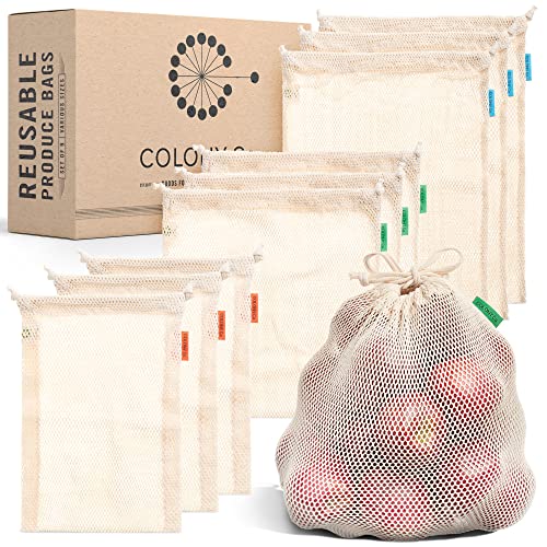 World's Strongest Reusable Produce Bags, Certified Organic Cotton Mesh, Machine Washable, Tare Weight Label, Double Drawstring, Plastic-Free Packaging, 9-Pack - Assorted Sizes (Small, Medium, Large)