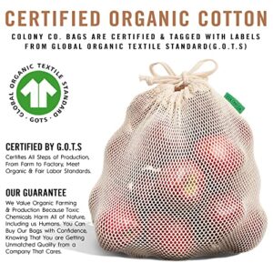 World's Strongest Reusable Produce Bags, Certified Organic Cotton Mesh, Machine Washable, Tare Weight Label, Double Drawstring, Plastic-Free Packaging, 9-Pack - Assorted Sizes (Small, Medium, Large)