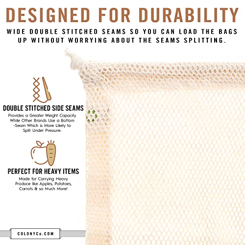 World's Strongest Reusable Produce Bags, Certified Organic Cotton Mesh, Machine Washable, Tare Weight Label, Double Drawstring, Plastic-Free Packaging, 9-Pack - Assorted Sizes (Small, Medium, Large)