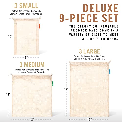 World's Strongest Reusable Produce Bags, Certified Organic Cotton Mesh, Machine Washable, Tare Weight Label, Double Drawstring, Plastic-Free Packaging, 9-Pack - Assorted Sizes (Small, Medium, Large)