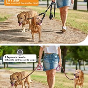 YOUTHINK Double Dog Leash, Dog Walking Leash 2 Dogs up to 180lbs, Comfortable Adjustable Dual Padded Handles, Bonus Pet Waste Bag (Double Dog Leash)