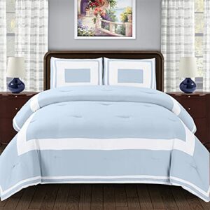 superior grammercy color blocked comforter set with pillow shams, luxury hotel bedding with soft microfiber shell, all season down alternative fill - full/queen, light blue