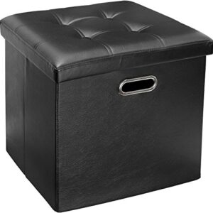 greenco faux leather tufted ottoman stool, square ottoman storage cube, seat and foot rest, collapsible and versatile black storage box