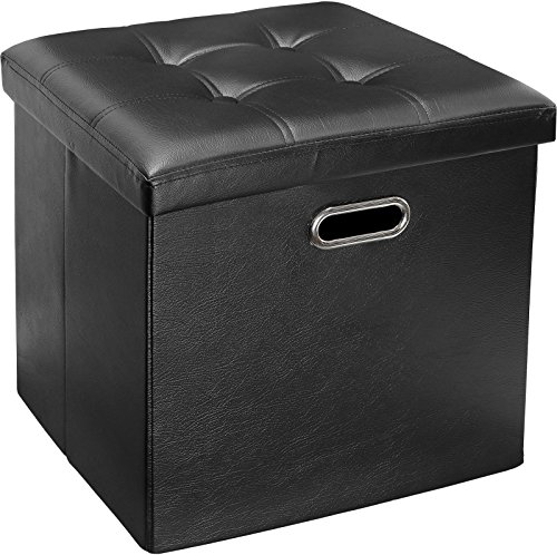 Greenco Faux Leather Tufted Ottoman Stool, Square Ottoman Storage Cube, Seat and Foot Rest, Collapsible and Versatile Black Storage Box