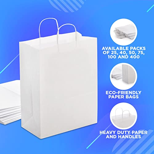 White Kraft Paper Bags with Handles Bulk - Gift Bags Medium Size for Paper Shopping Bags, Party Bags, and Bags for Small Business (8"x4.75"x10" - White Gift Bags Bulk Medium Size 25 Bags)