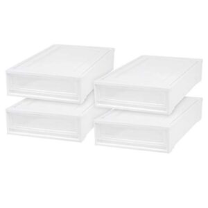 iris usa 27.5 qt plastic under bed storage containers with sliding organizer drawers, 4 pack, stackable storage bins for clothes, linens and shoes, white