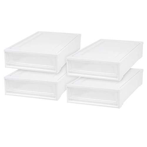 IRIS USA 27.5 Qt Plastic Under Bed Storage Containers with Sliding Organizer Drawers, 4 Pack, Stackable Storage Bins for Clothes, Linens and Shoes, White