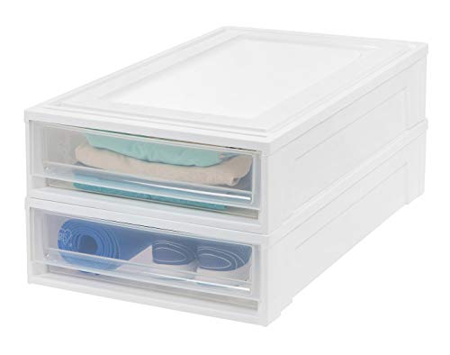 IRIS USA 27.5 Qt Plastic Under Bed Storage Containers with Sliding Organizer Drawers, 4 Pack, Stackable Storage Bins for Clothes, Linens and Shoes, White