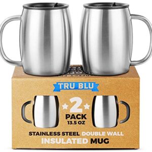 Stainless Steel Coffee Mug with Lid, Set of 2 - Premium Double Wall Insulated Travel Mugs - Shatterproof, BPA Free Spill Resistant Lids, Dishwasher Safe