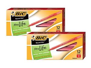 2 pack of 12 bic round stic xtra life ball pen, red medium point (1.0 mm)