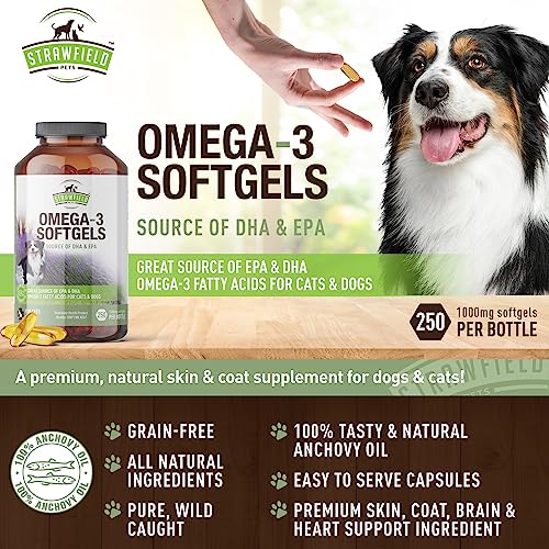 Omega 3 Fish Oil for Dogs, 250 Softgel Pills, 1000 mg EPA DHA Dog Fish Oil Pet Supplement for Joint Support Arthritis Pain Relief, Allergy Itch, Shedding, Healthy Coat, Dry Itching Skin, Hot Spot, USA