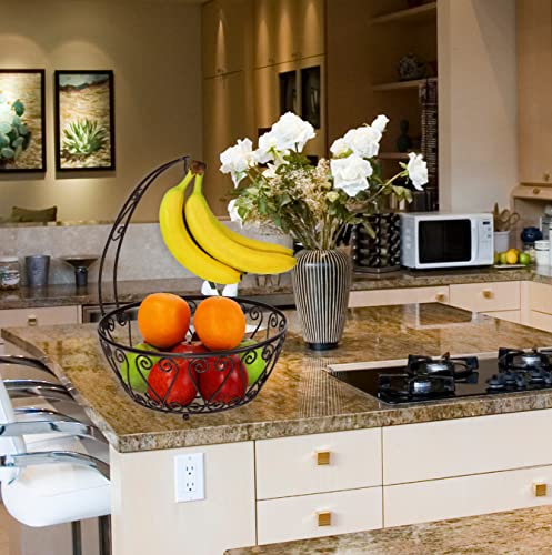 Simple Houseware Metal Fruit Basket Bowl with Banana Tree Hanger, Bronze