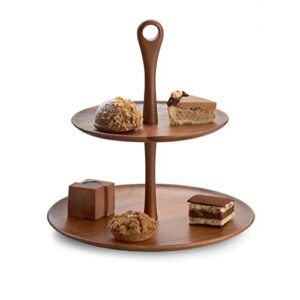 nambe skye wood tiered dessert stand | 2-tier cupcake stand | serving tray for cookies, pastries and appetizers for parties | acacia wood cake stand for kitchen table display (12.5”)