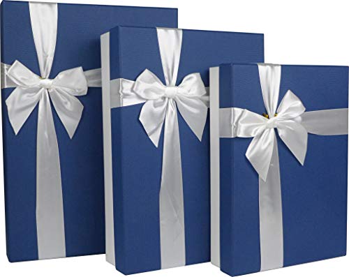 Cypress Lane Rectangular Rigid Gift Box with Ribbon, a Nested Set of 3 (White/Blue)