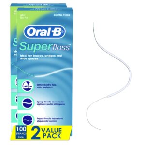 oral-b dental floss for braces, super floss pre-cut strands, mint, 50 count, pack of 2