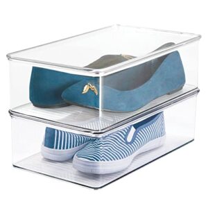 mdesign plastic closet organizer box containers with hinged lid for bedroom shelves/cabinets, holds flats, sandals, sneakers, dress shoes, heels, booties, and wedges, ligne collection, 2 pack, clear