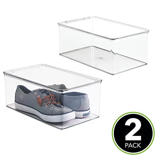 mDesign Plastic Closet Organizer Box Containers with Hinged Lid for Bedroom Shelves/Cabinets, Holds Flats, Sandals, Sneakers, Dress Shoes, Heels, Booties, and Wedges, Ligne Collection, 2 Pack, Clear