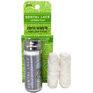 dental lace woven dental floss, 100% silk floss with natural mint flavor - refillable dental floss holder with 1 floss spool, and 1 refill with recyclable packaging
