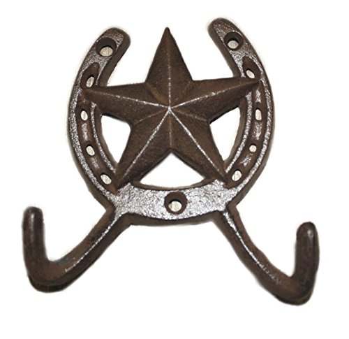 Starworld- Heavy Cast Iron Antique Style Ranch STAR 2 HOOK hooks Rack Towel Horse Shoe wall mounted wall hook for Hat Hook Rack Hall Tree Restoration 4.5 inch Brown Finish