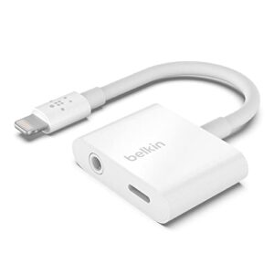 belkin lightning to 3.5mm audio cable + audio charger splitter, 2 in 1 aux headphone adapter and charger dongle, compatible with iphone 13, 12, 11, x - white