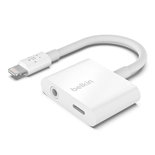 Belkin Lightning to 3.5mm Audio Cable + Audio Charger Splitter, 2 in 1 Aux Headphone Adapter and Charger Dongle, Compatible with iPhone 13, 12, 11, X - White
