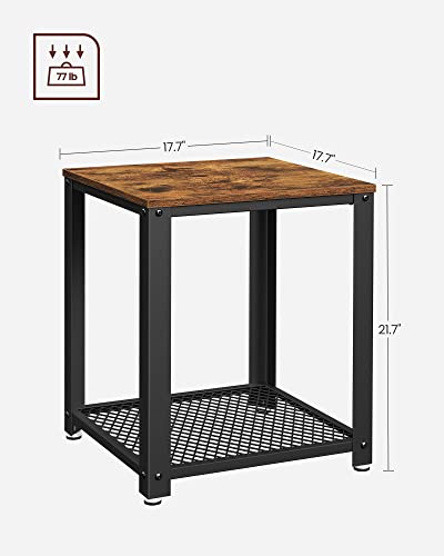 VASAGLE Side Table, 2-Tier Nightstand, End Table with Mesh Shelf, Steel Frame, Adjustable Feet, for Living Room, Bedroom, Industrial Style, Rustic Brown and Black ULET41X