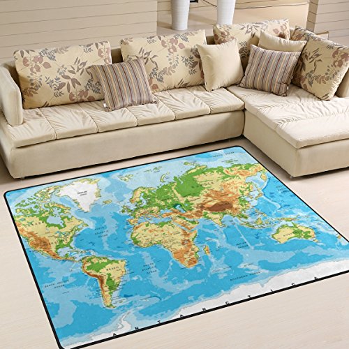 U Life World Map Large Area Rug Runner Floor Mat Carpet for Kids Classroom Entrance Way Doorway Living Room Bedroom 63 x 48 & 80 x 58 Inch 5.3 x 4 & 6.6 x 4.8 Feet